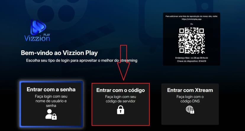 Passo 1 — Selecionar entrar com código, login e senha
