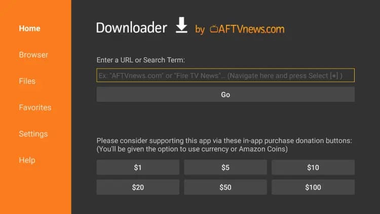 Downloader aberto na Android TV — permitindo acesso para instalar IPTV Smarters